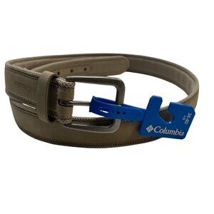 Columbia Belt Mens Large 38-40 Taupe Canvas Leather Brushed Sliver Buckle Preppy